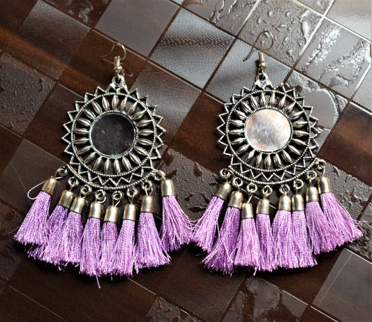 Silver Oxidised Mirror Chakra Tassel Earring - GlitterGleam