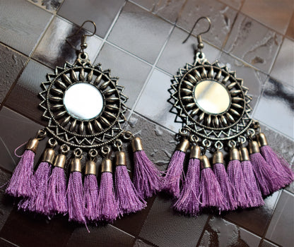 Silver Oxidised Mirror Chakra Tassel Earring - GlitterGleam