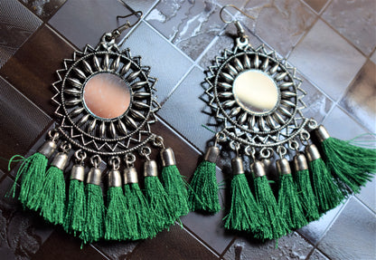 Silver Oxidised Mirror Chakra Tassel Earring - GlitterGleam