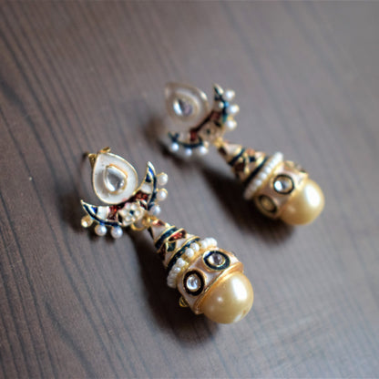 Small Kundan and Meenakari Pearl Drop Earrings - GlitterGleam