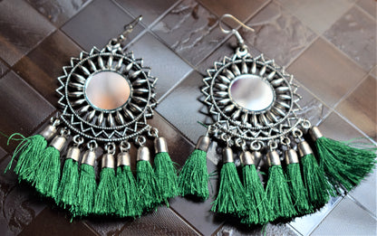 Silver Oxidised Mirror Chakra Tassel Earring - GlitterGleam