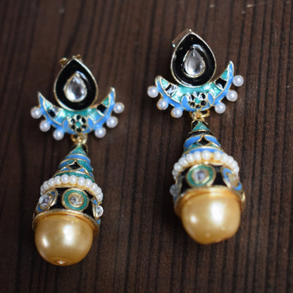 Small Kundan and Meenakari Pearl Drop Earrings - GlitterGleam