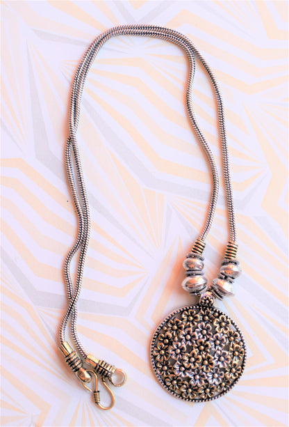 Golden and Silver Oxidised Floral Garden Pendant Necklace (Long) - GlitterGleam