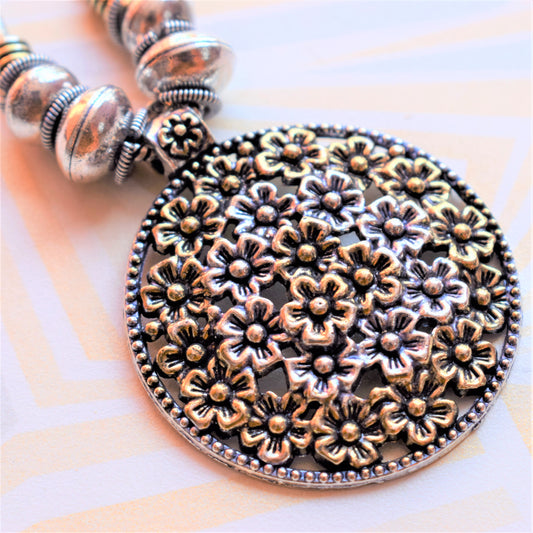 Golden and Silver Oxidised Floral Garden Pendant Necklace (Long) - GlitterGleam