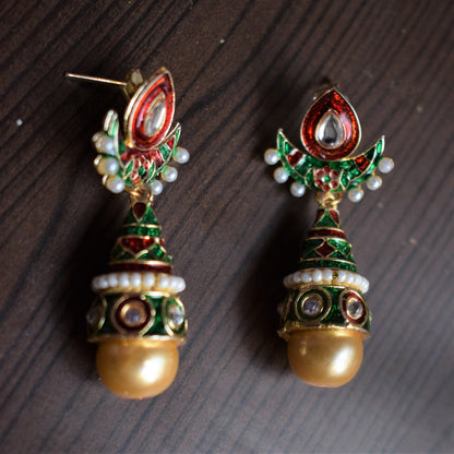 Small Kundan and Meenakari Pearl Drop Earrings - GlitterGleam
