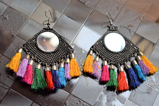 Multicolored Mirror Square Tassel Earring - GlitterGleam