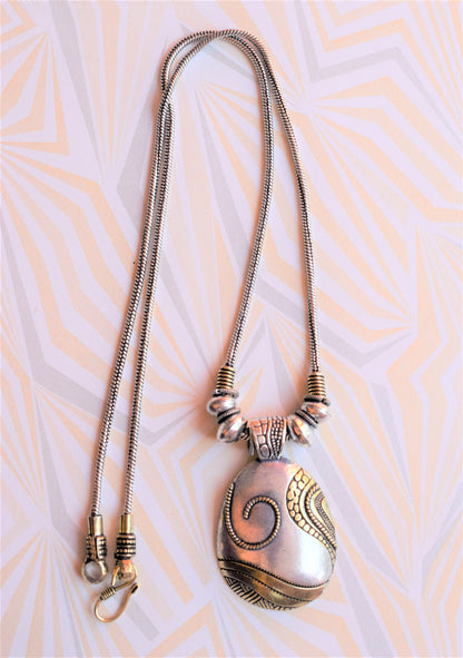 Golden and Silver Oxidised Dragon Shell Pendant Necklace (Long) - GlitterGleam