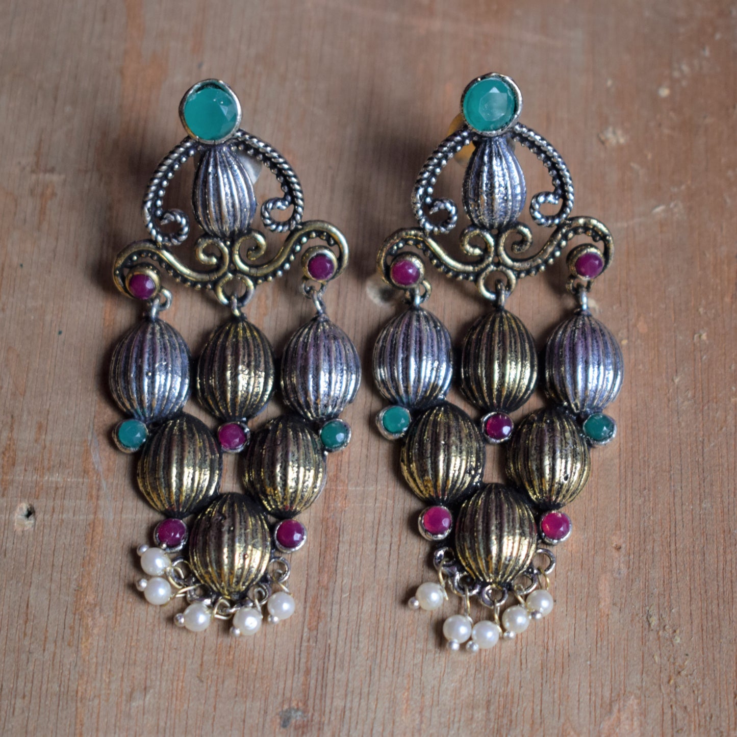 Designer German Silver Antique Shell Drop Earrings - GlitterGleam