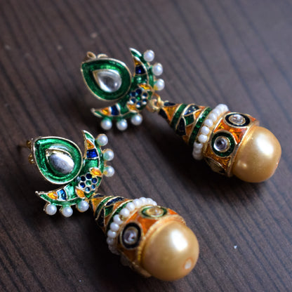 Small Kundan and Meenakari Pearl Drop Earrings - GlitterGleam