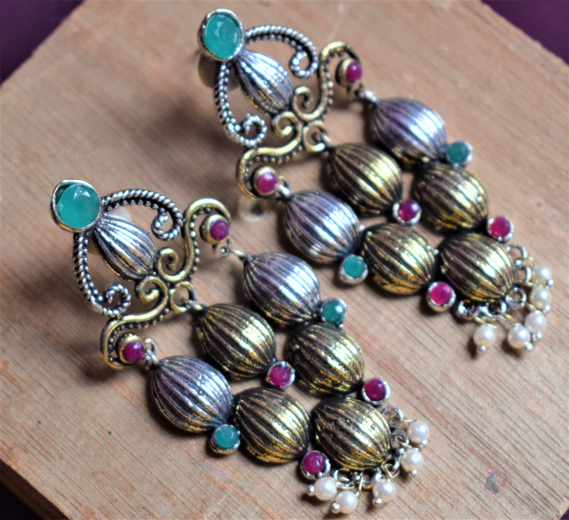 Designer German Silver Antique Shell Drop Earrings - GlitterGleam