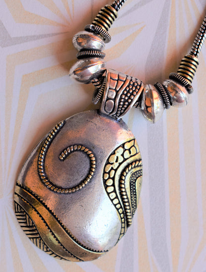 Golden and Silver Oxidised Dragon Shell Pendant Necklace (Long) - GlitterGleam