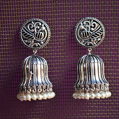 Designer German Silver Peacock Cage Earrings - GlitterGleam