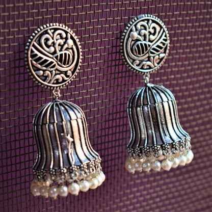 Designer German Silver Peacock Cage Earrings - GlitterGleam