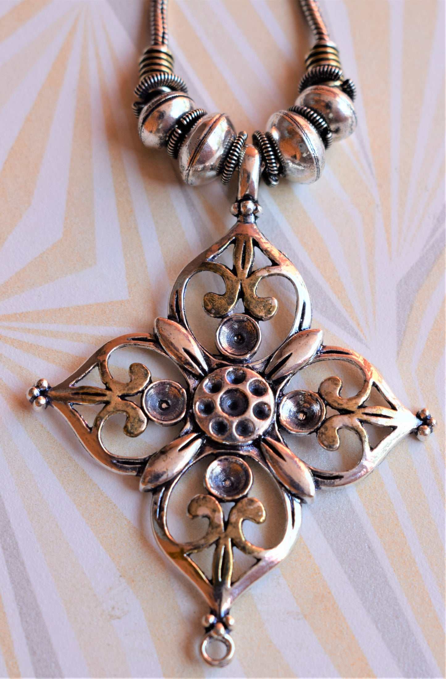 Designer Golden and Silver Oxidised Motif Pendant Necklace - GlitterGleam