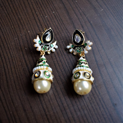 Small Kundan and Meenakari Pearl Drop Earrings - GlitterGleam