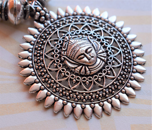German Silver Oxidised Durga Chakra Pendant Necklace (Long) - GlitterGleam