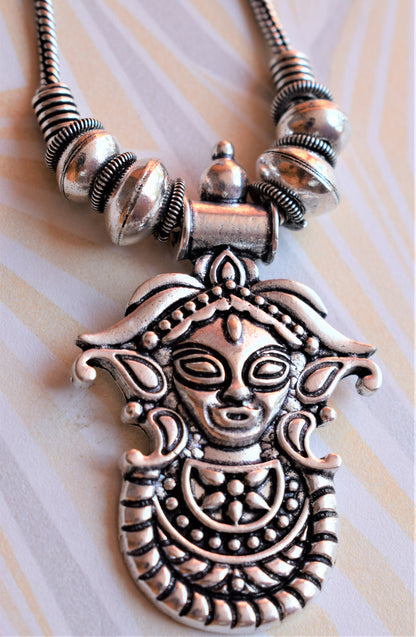German Silver Oxidised Durga Pendant Necklace (Long) - GlitterGleam