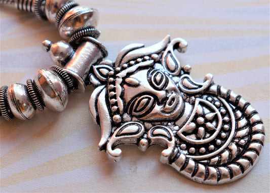 German Silver Oxidised Durga Pendant Necklace (Long) - GlitterGleam