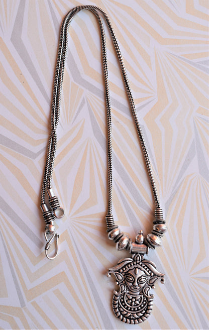 German Silver Oxidised Durga Pendant Necklace (Long) - GlitterGleam