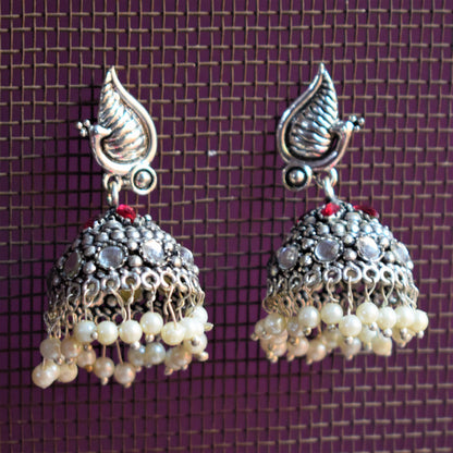 Silver Oxidised Peacock Embedded Jhumki - GlitterGleam