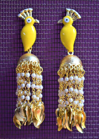 Antique Gold Peacock Meenakari Designer Tassel Earring - GlitterGleam