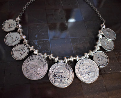 German Silver Choker Coin Necklace with Peacock Earrings - GlitterGleam