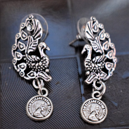 German Silver Choker Coin Necklace with Peacock Earrings - GlitterGleam