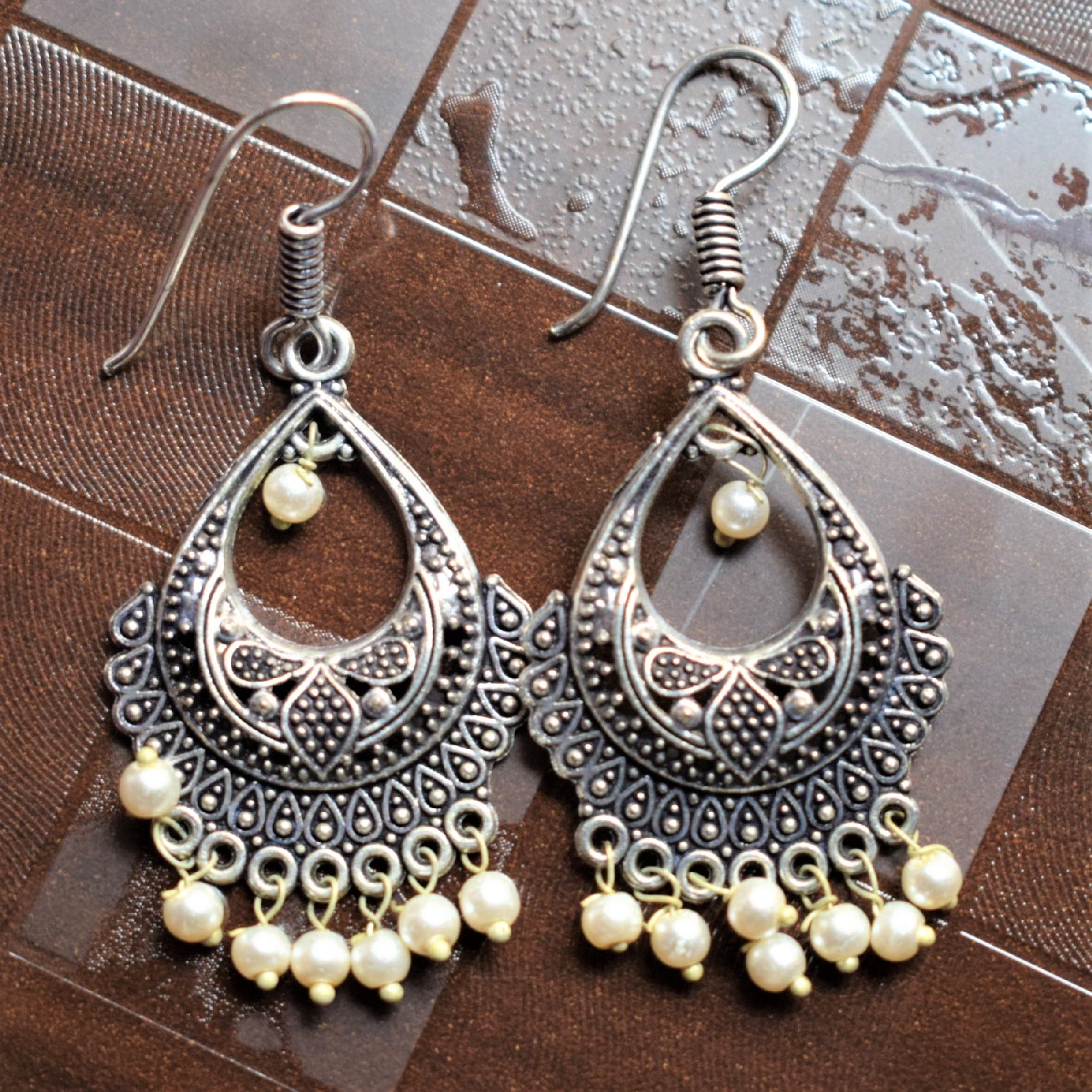 Silver Oxidised Small Chandbali Danglers - GlitterGleam