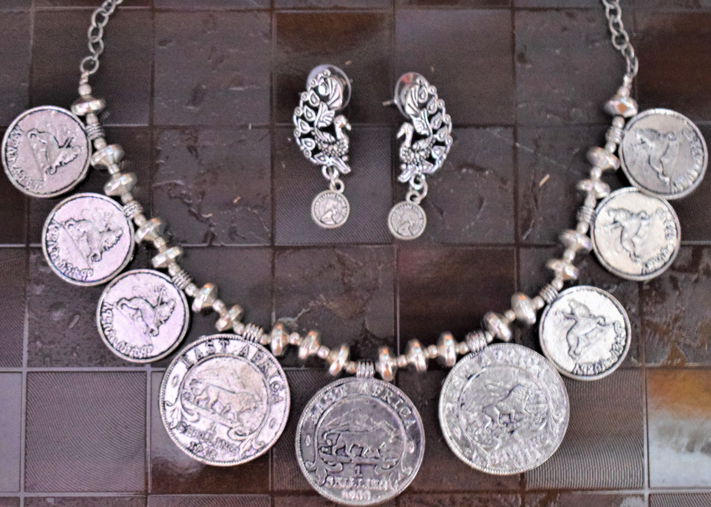 German Silver Choker Coin Necklace with Peacock Earrings - GlitterGleam