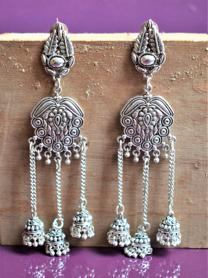 German Silver Spade Tassel Jhumki Earrings - GlitterGleam