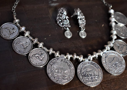 German Silver Choker Coin Necklace with Peacock Earrings - GlitterGleam