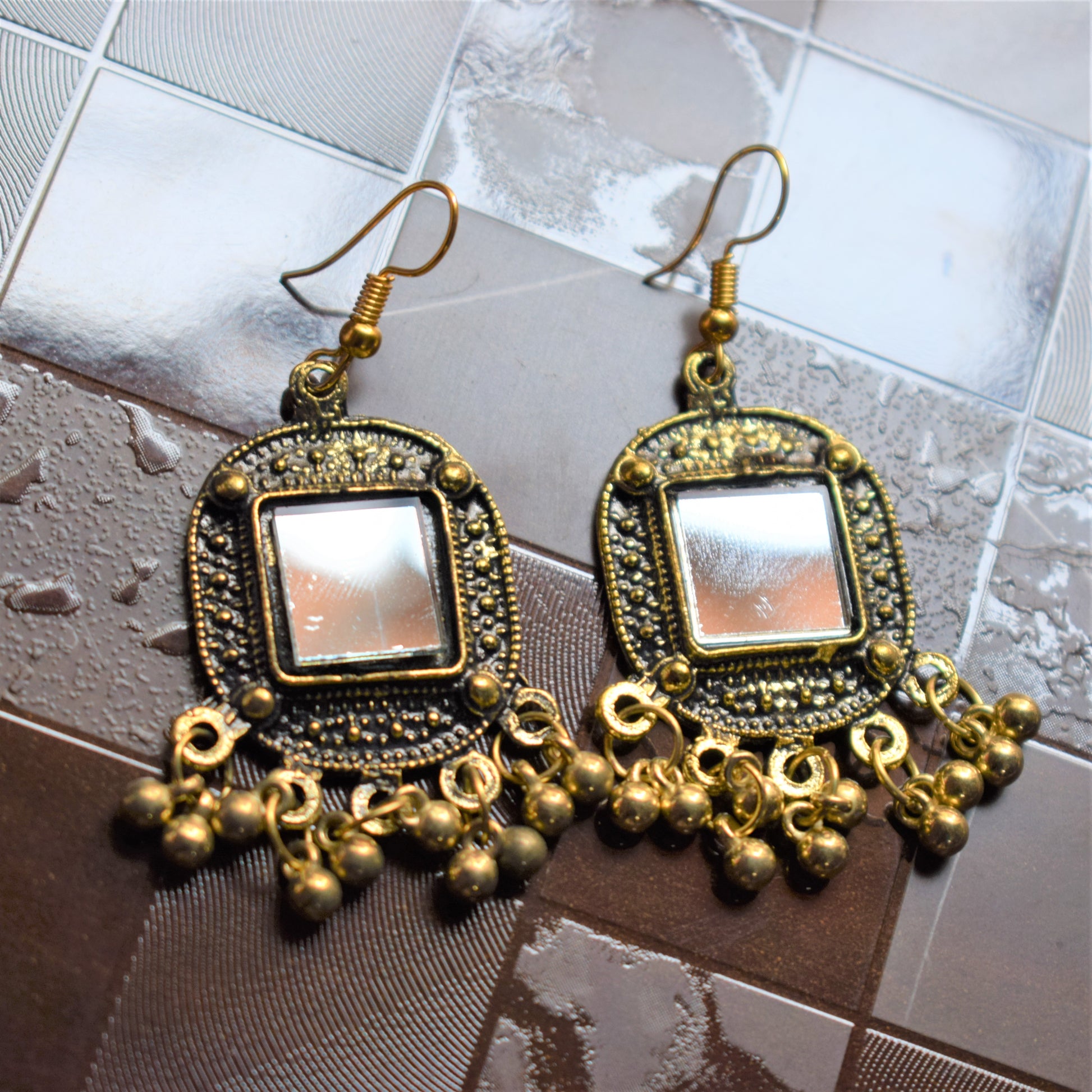 Golden Oxidised Square Mirror Danglers - GlitterGleam