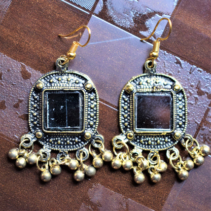 Golden Oxidised Square Mirror Danglers - GlitterGleam