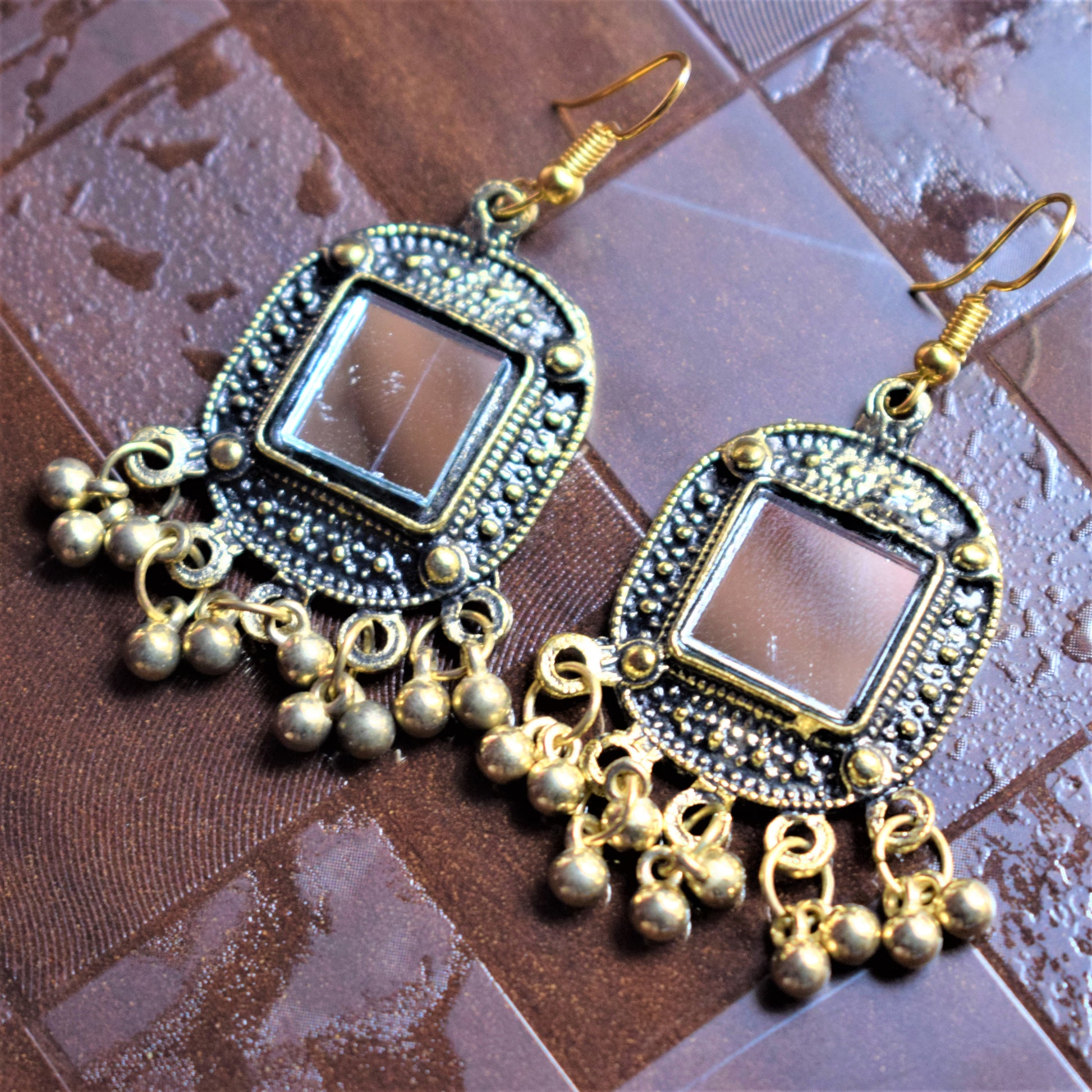 Golden Oxidised Square Mirror Danglers - GlitterGleam