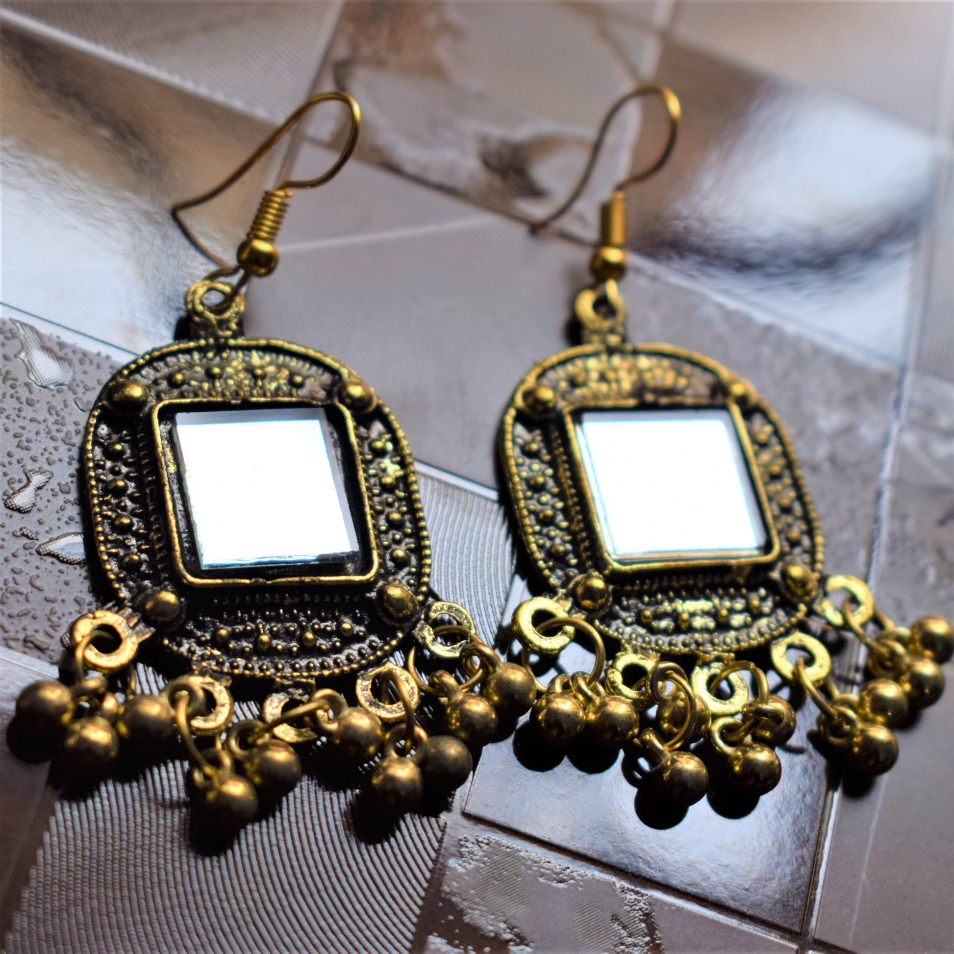 Golden Oxidised Square Mirror Danglers - GlitterGleam