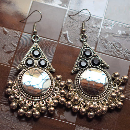 Silver Oxidised Circular Grey Mirror Danglers - GlitterGleam