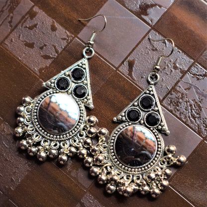 Silver Oxidised Circular Grey Mirror Danglers - GlitterGleam