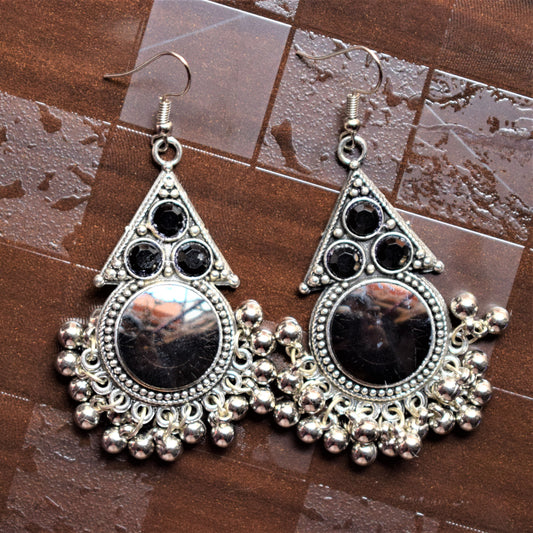 Silver Oxidised Circular Grey Mirror Danglers - GlitterGleam