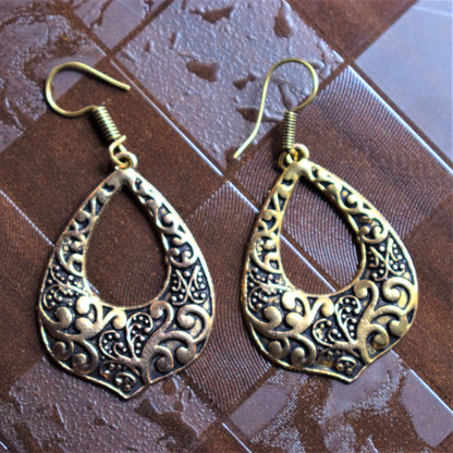 Golden Oxidised Designer Carved Danglers - GlitterGleam
