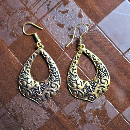 Golden Oxidised Designer Carved Danglers - GlitterGleam
