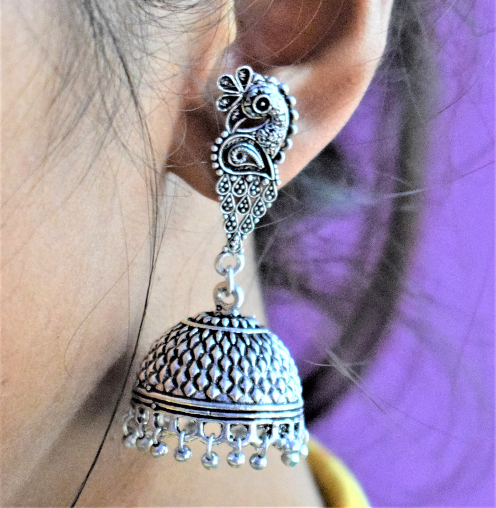 German Silver Angular Peacock Stud Carved Jhumka - GlitterGleam