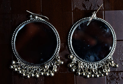 Large Silver Oxidised Circular Mirror Danglers - GlitterGleam