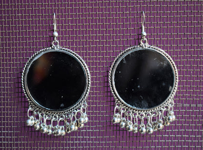 Large Silver Oxidised Circular Mirror Danglers - GlitterGleam