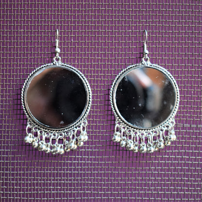 Large Silver Oxidised Circular Mirror Danglers - GlitterGleam