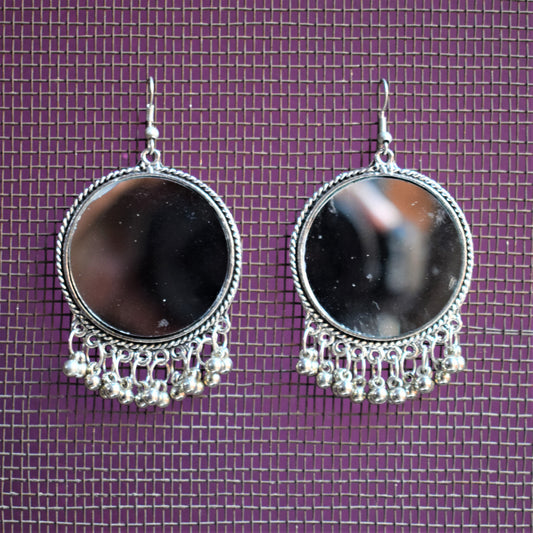 Large Silver Oxidised Circular Mirror Danglers - GlitterGleam