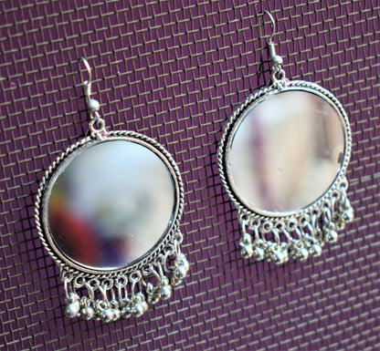Large Silver Oxidised Circular Mirror Danglers - GlitterGleam