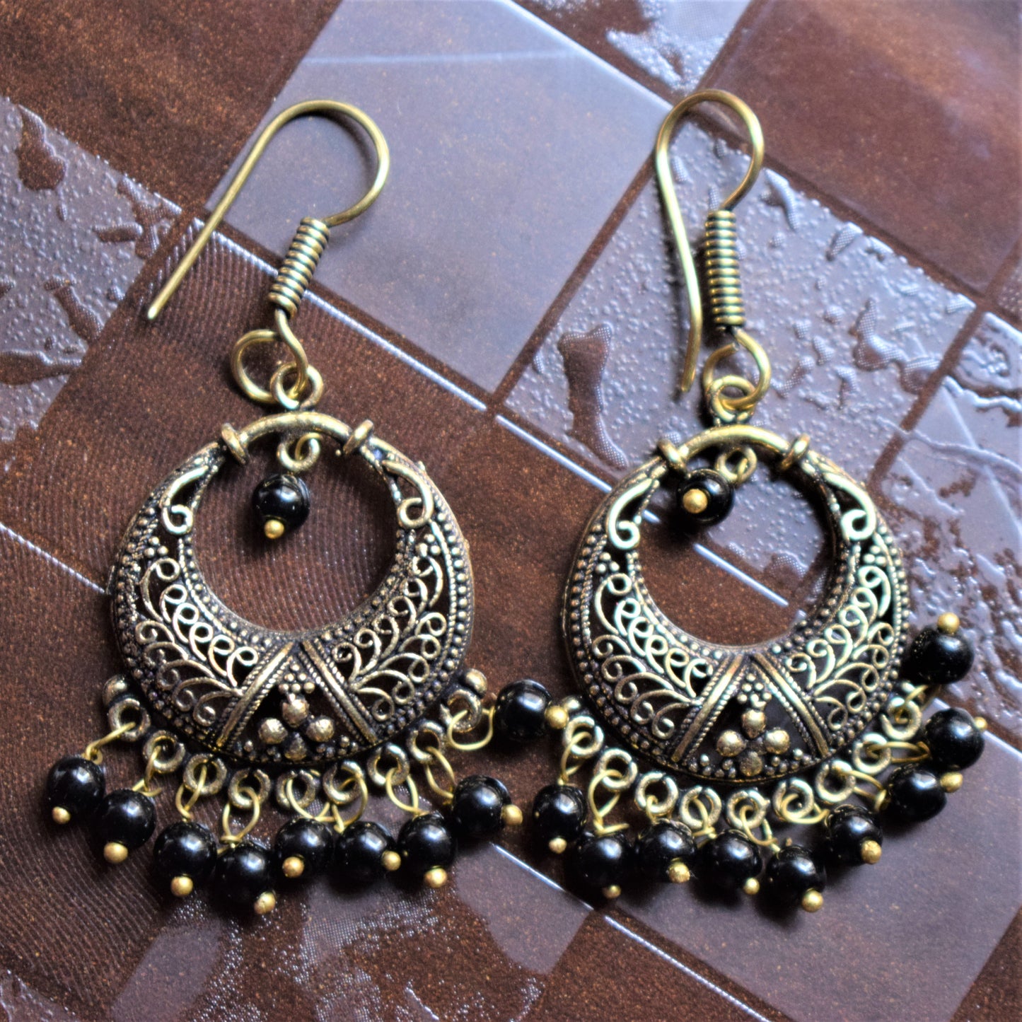 Small Beaded Golden Oxidised Chandbali Danglers - GlitterGleam