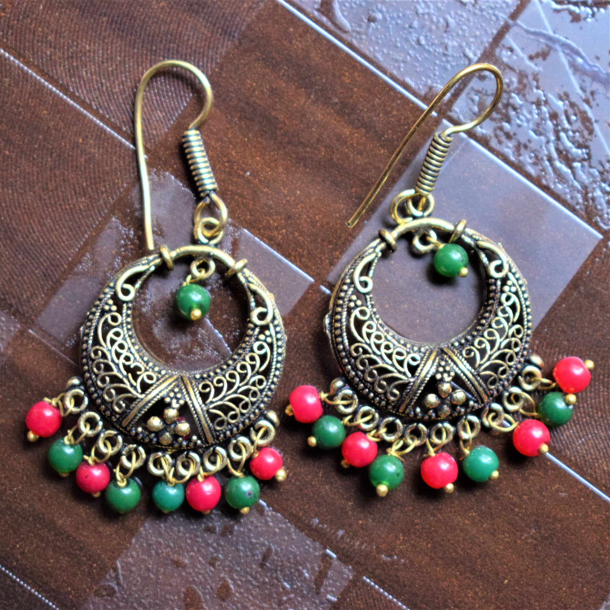 Small Beaded Golden Oxidised Chandbali Danglers - GlitterGleam