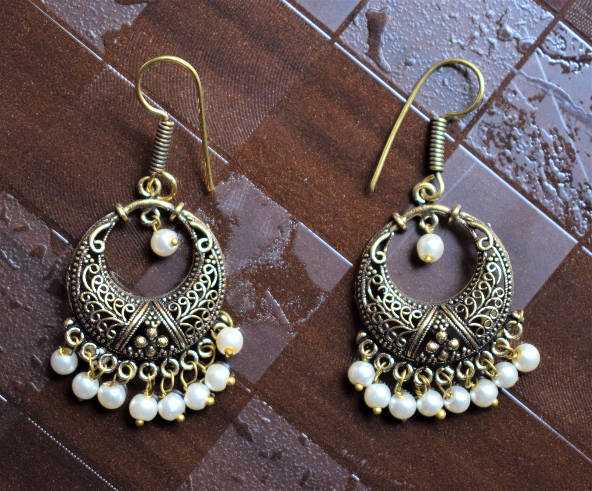 Small Beaded Golden Oxidised Chandbali Danglers - GlitterGleam