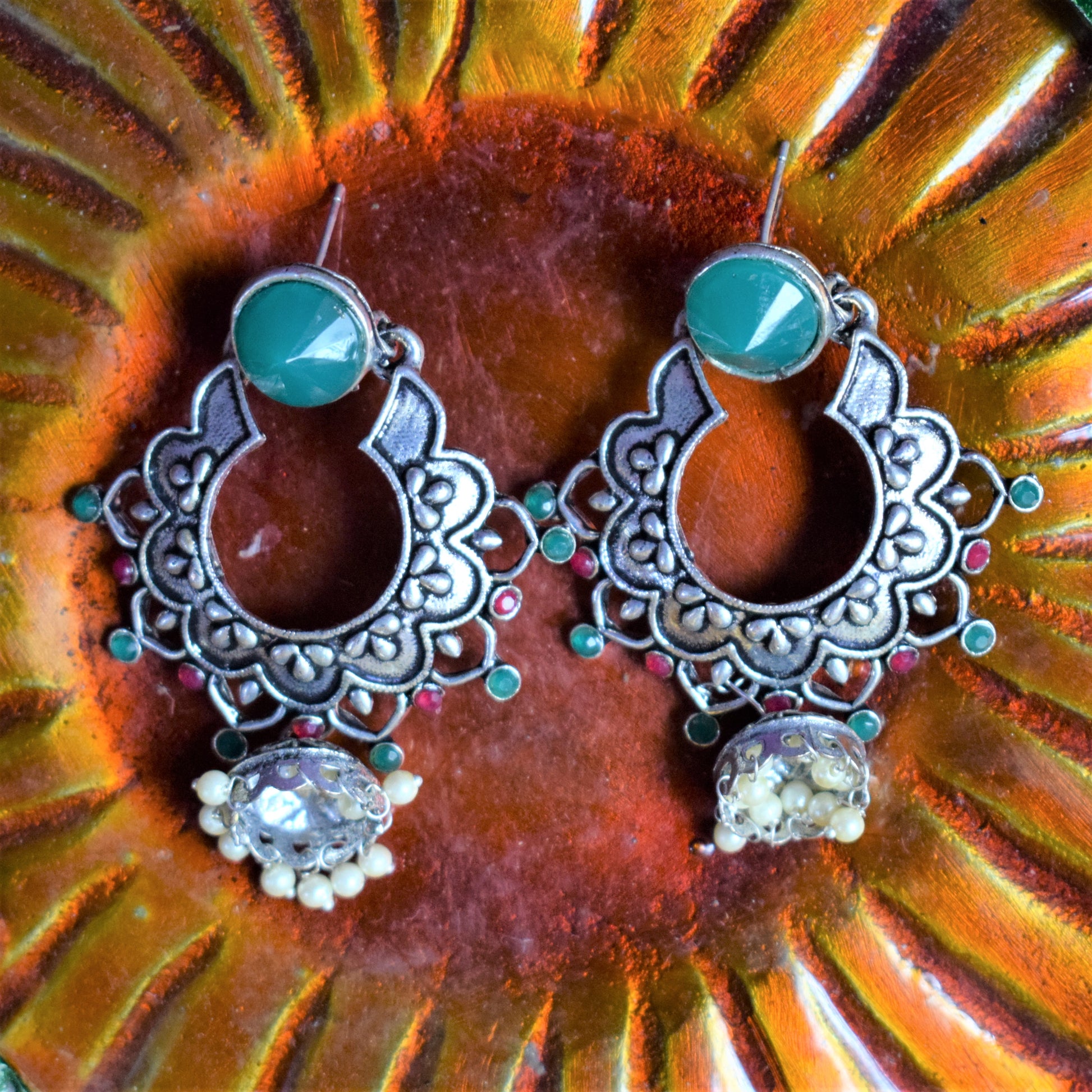 German Silver Designer Floral Carving Gemstone Earrings - GlitterGleam